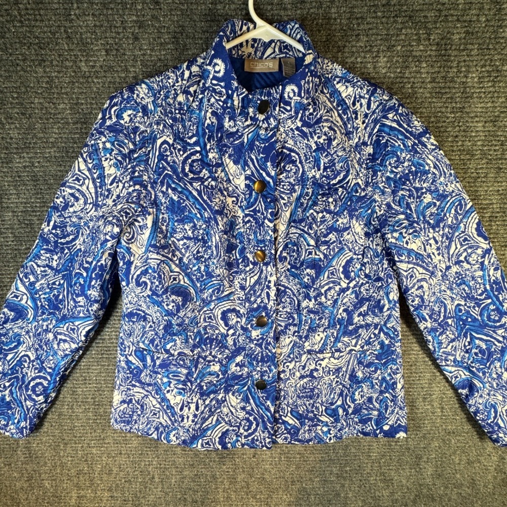 Chicos Blue White Paisley Quilted Button‎ Up Jacket Women Size 1